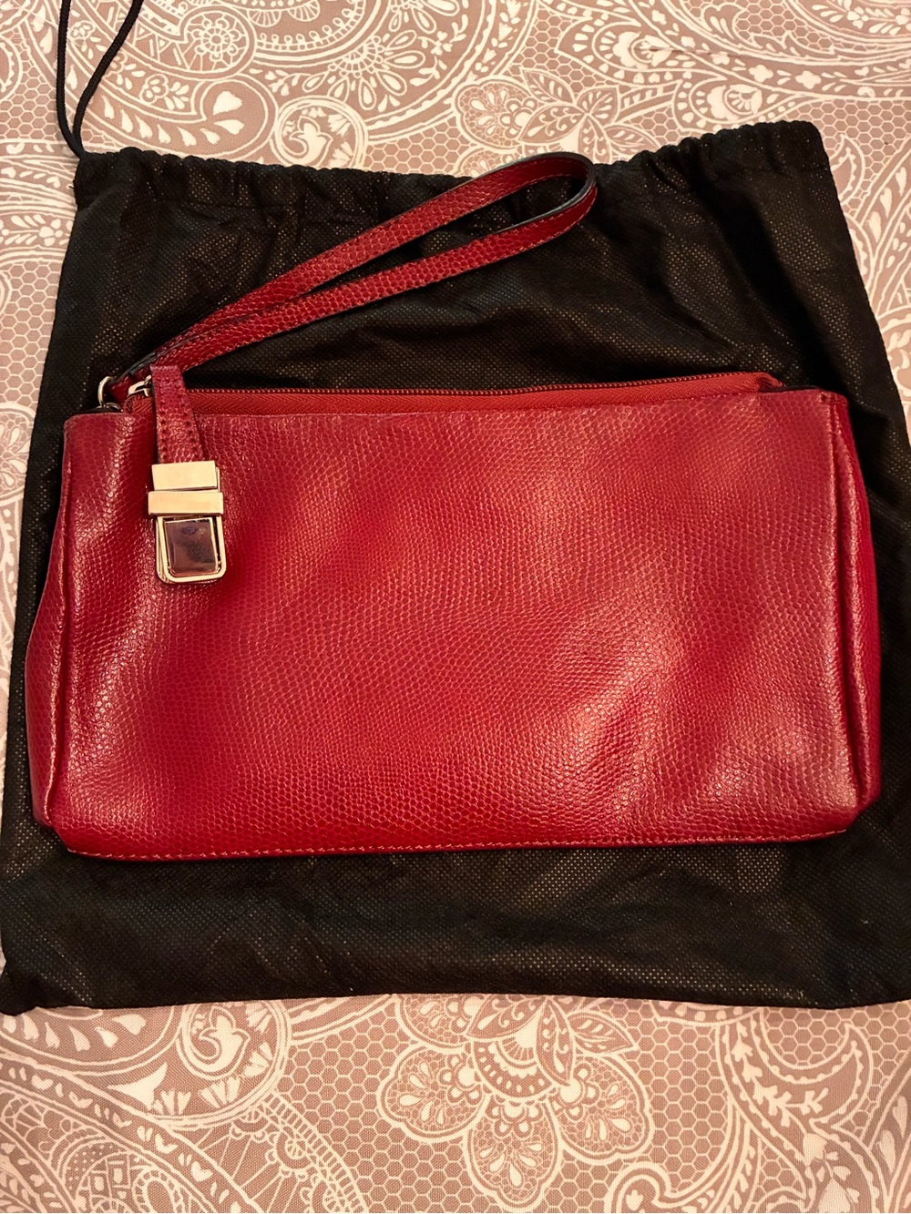 cleo Red Textured Leather Wristlet Clutch with Gold Hardware